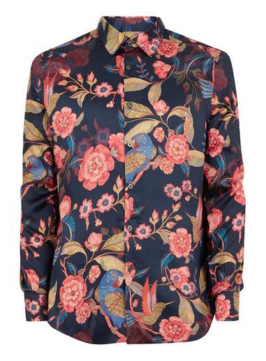 Topman Mens Black Premium Dark Parrot Long Sleeve Shirt