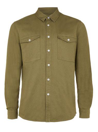 Topman Mens Green Khaki Twill Long Sleeve Casual Shirt