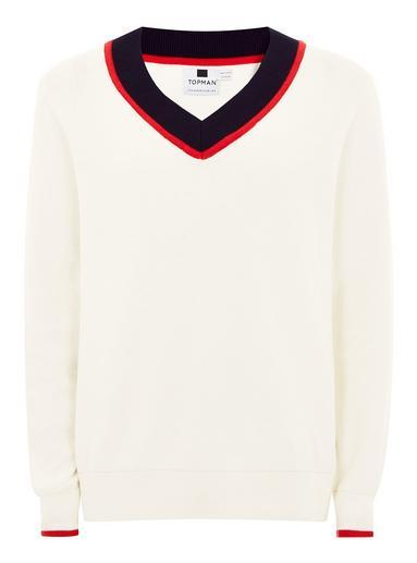 Topman Mens Red, Navy And Cream V Neck Sweater