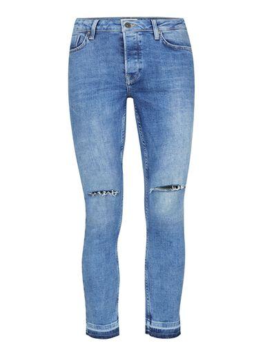 Topman Mens Light Wash Blue Ripped Raw Edge Spray On Skinny Jeans