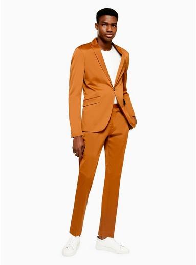 Topman Mens Brown Slim Fit Sateen Suit Trousers