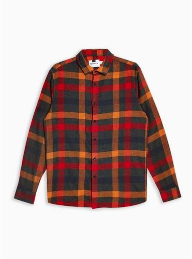 Topman Mens Grey Orange And Red Check Slim Shirt