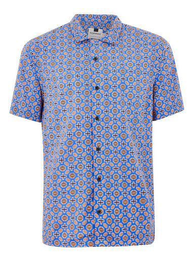 Topman Mens Blue And Orange Geometric Short Sleeve Shirt