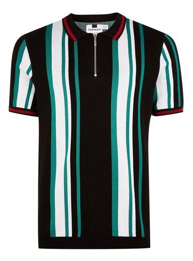 Topman Mens Black Stripe Zip Polo Jumper
