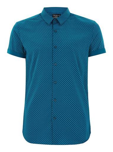 Topman Mens Blue Teal Geometric Print Short Sleeve Shirt