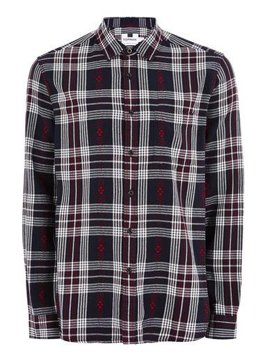 Topman Mens Navy And Red Dobby Check Shirt