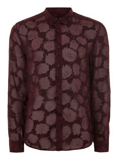 Topman Mens Red Burgundy Leaf Burnout Shirt