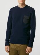 Topman Mens Blue Ltd Anchorage Navy Woven Pocket Lambswool Sweater