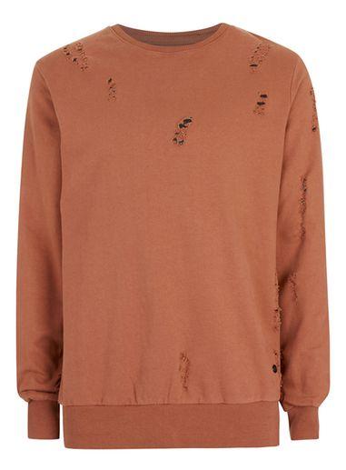 Topman Mens Red Criminal Damage Rust Distressed Sweatshirt*