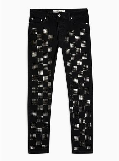 Topman Mens Black Check Studded Skinny Fit Jeans