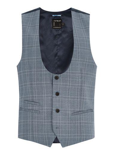 Topman Mens Blue Tonal Check Suit Vest