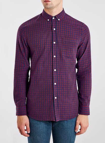 Topman Mens Red Burgundy/navy Gingham Check Long Sleeve Casual Shirt