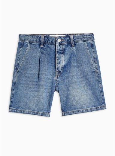 Topman Mens Blue Mid Wash Pleated Denim Shorts In Shorter Length