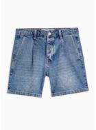 Topman Mens Blue Mid Wash Pleated Denim Shorts In Shorter Length