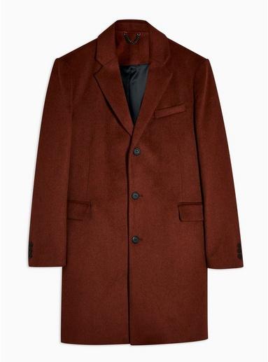 Topman Mens Orange Rust Overcoat With Wool