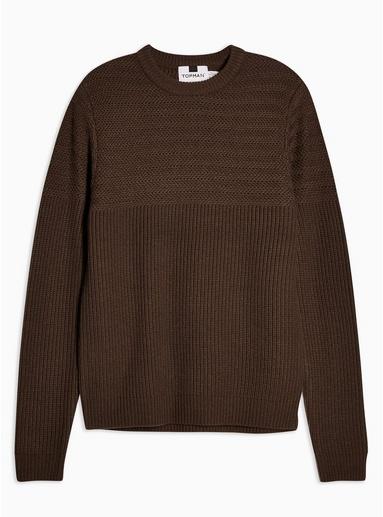 Topman Mens Beige Grey Rack Yoke Panel Textured Sweater