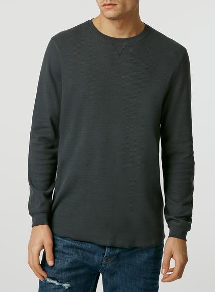 Topman Mens Long Sleeve Black Waffle T-shirt