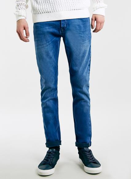 Topman Mens Blue Cobalt Coated Stretch Skinny Selvedge Jeans