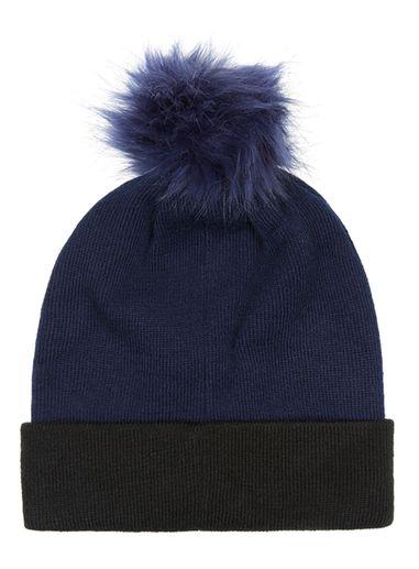 Topman Mens Blue Navy And Black Colour Block Bobble Beanie Hat