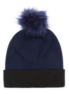 Topman Mens Blue Navy And Black Colour Block Bobble Beanie Hat