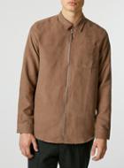 Topman Mens Brown Tan Suede Zip Through Long Sleeve Casual Shirt