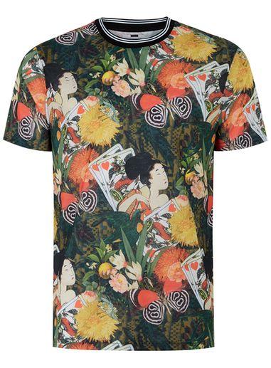 Topman Mens Black Japanese Floral Print T-shirt