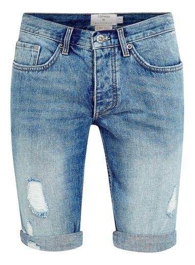 Topman Mens Blue Mid Wash Rip Skinny Shorts