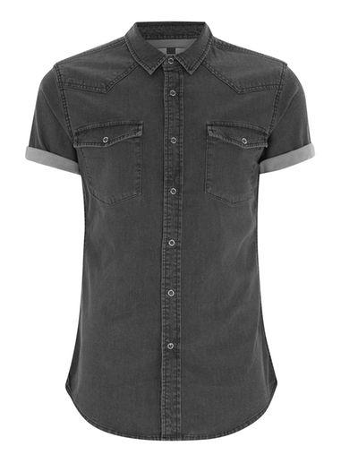 Topman Mens Washed Black Muscle Western Shirt