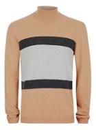 Topman Mens Premium Camel Stripe Roll Neck Slim Fit Sweater