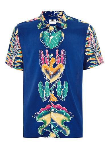 Topman Mens Blue Leaf Short Sleeve Shirt