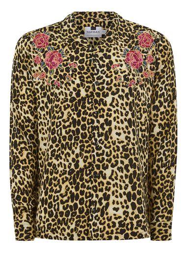 Topman Mens Yellow Leopard Print Embroidered Shirt
