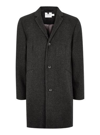 Topman Mens Grey Gray Textured Overcoat With Wool