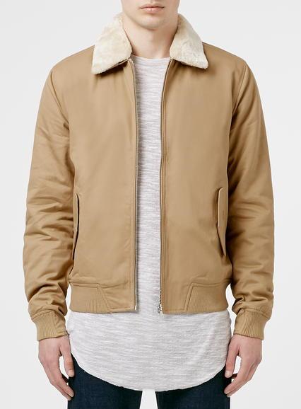 Topman Mens Beige Stone Fur Lined Flight Jacket