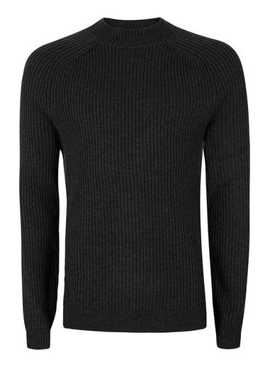 Topman Mens Premium Grey Lambswool Blend Turtle Neck Ribbed Sweater