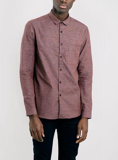 Topman Mens Red Burgundy Texture Long Sleeve Smart Shirt