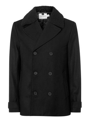 Topman Mens Black Wool Rich Borg Collar Peacoat