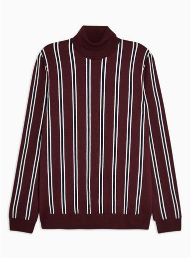 Topman Mens Red Burgundy Stripe Turtle Neck Sweater