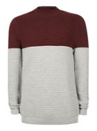 Topman Mens Burgundy And Grey Ripple Textured Turtle Neck Sweater
