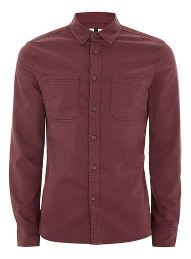 Topman Mens Red Burgundy Muscle Fit Twill Shirt