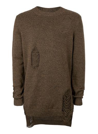 Topman Mens Aaa Brown Ripped Longline Sweater