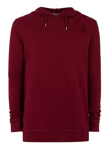 Topman Mens Red Burgundy Distressed Classic Fit Hoodie
