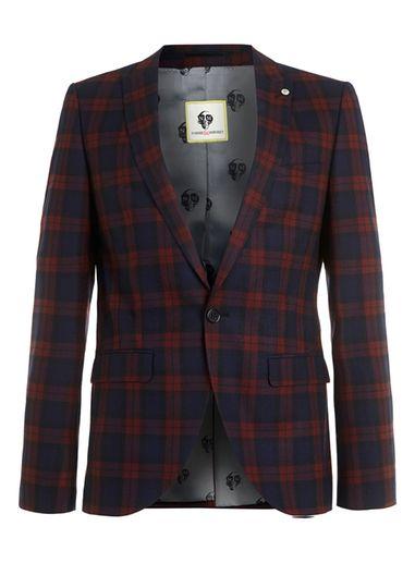 Topman Mens Red Noose And Monkey Burgundy Check Suit Jacket