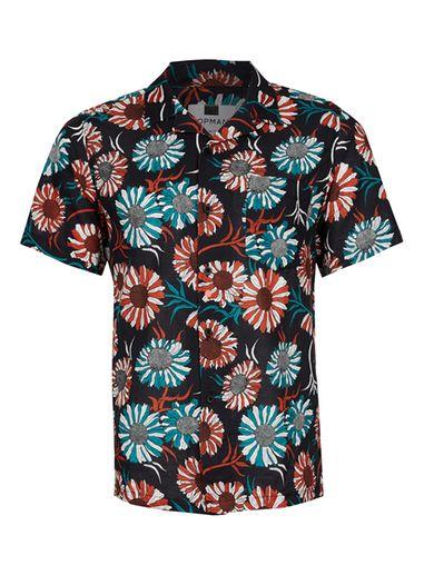 Topman Mens Black Sunflower Print Short Sleeve Casual Shirt