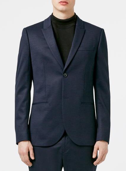 Topman Mens Blue Navy Slub Skinny Fit Jersey Blazer With Peak Lapel