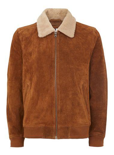 Topman Mens Brown Dark Tan Borg Collar Suede Jacket