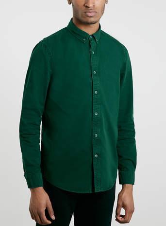 Topman Mens Green Twill Long Sleeve Shirt
