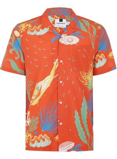 Topman Mens Red Orange Ocean Print Hawaiian Shirt
