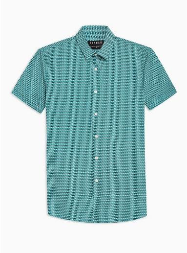 Topman Mens Blue Teal Geometric Print Stretch Skinny Shirt