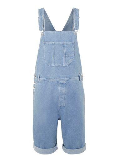 Topman Mens Blue Light Denim Short Dungarees