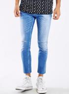 Topman Mens Blue Light Wash Rip Cropped Stretch Skinny Jeans